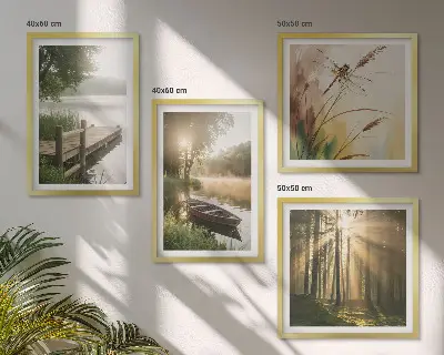 Set de 4 cuadros para salón con diseño de lago, bosque, barco y niebla matutina