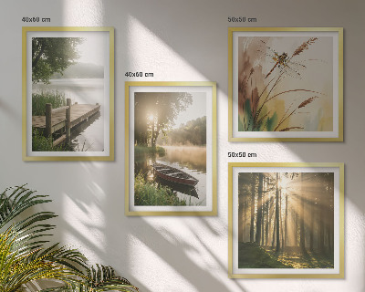 Set de 4 cuadros para salón Lago, bosque, barco, niebla matutina