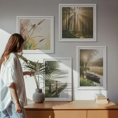 Set de 4 cuadros para salón con diseño de lago, bosque, barco y niebla matutina