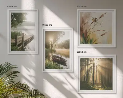 Set de 4 cuadros para salón con diseño de lago, bosque, barco y niebla matutina