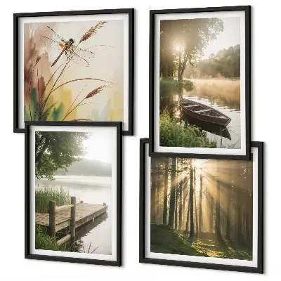 Set de 4 cuadros para salón con diseño de lago, bosque, barco y niebla matutina