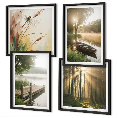Set de 4 cuadros para salón Lago, bosque, barco, niebla matutina