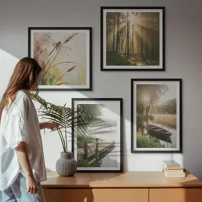 Set de 4 cuadros para salón con diseño de lago, bosque, barco y niebla matutina