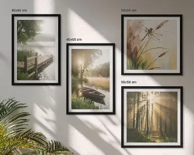 Set de 4 cuadros para salón con diseño de lago, bosque, barco y niebla matutina