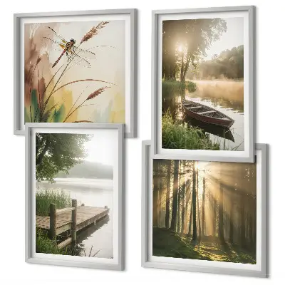 Set de 4 cuadros para salón con diseño de lago, bosque, barco y niebla matutina