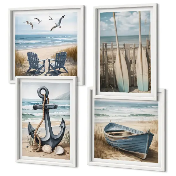 Set de cuadros modernos para salón con diseño de anclaje de barco, remos y temática de playa