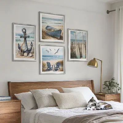 Set de cuadros modernos para salón con diseño de anclaje de barco, remos y temática de playa