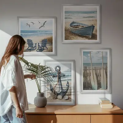 Set de cuadros modernos para salón con diseño de anclaje de barco, remos y temática de playa