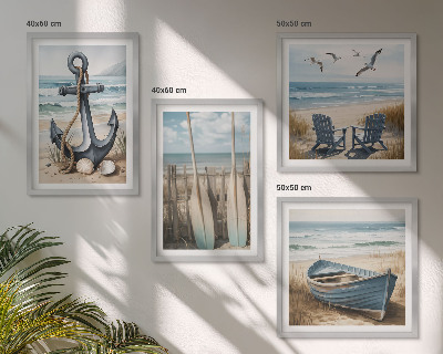 Set de cuadros modernos para salón Anclaje de barco remos playa