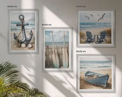 Set de cuadros modernos para salón con diseño de anclaje de barco, remos y temática de playa