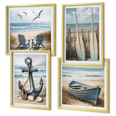 Set de cuadros modernos para salón con diseño de anclaje de barco, remos y temática de playa