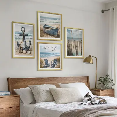 Set de cuadros modernos para salón con diseño de anclaje de barco, remos y temática de playa
