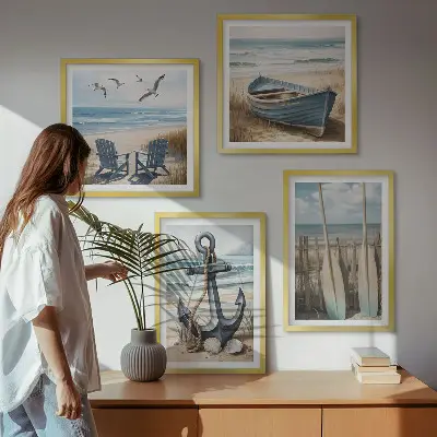 Set de cuadros modernos para salón con diseño de anclaje de barco, remos y temática de playa