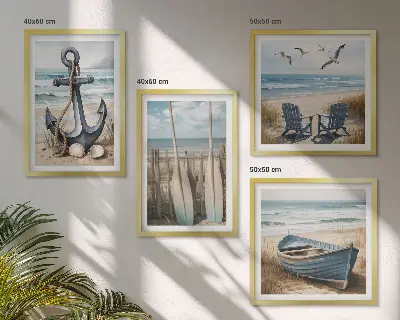 Set de cuadros modernos para salón con diseño de anclaje de barco, remos y temática de playa
