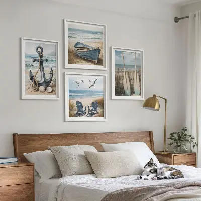 Set de cuadros modernos para salón con diseño de anclaje de barco, remos y temática de playa