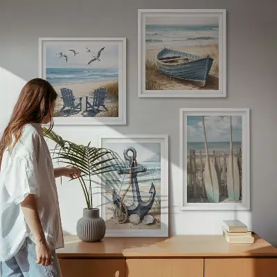Set de cuadros modernos para salón con diseño de anclaje de barco, remos y temática de playa