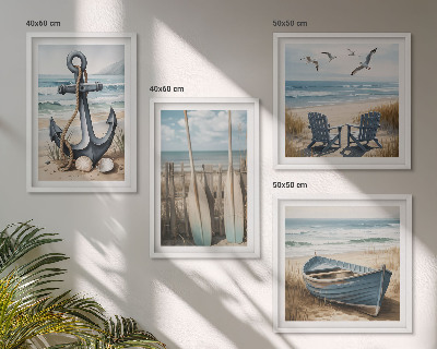 Set de cuadros modernos para salón Anclaje de barco remos playa