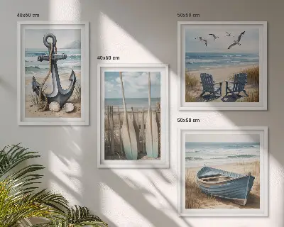 Set de cuadros modernos para salón con diseño de anclaje de barco, remos y temática de playa