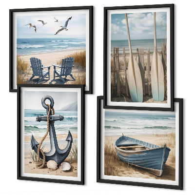 Set de cuadros modernos para salón Anclaje de barco remos playa