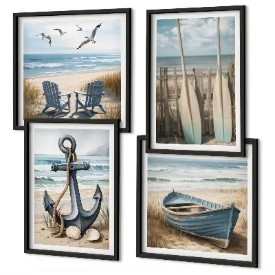 Set de cuadros modernos para salón con diseño de anclaje de barco, remos y temática de playa