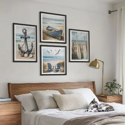 Set de cuadros modernos para salón con diseño de anclaje de barco, remos y temática de playa