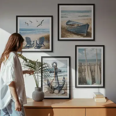 Set de cuadros modernos para salón con diseño de anclaje de barco, remos y temática de playa