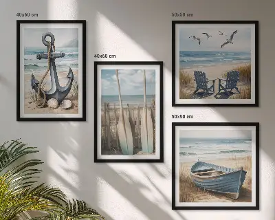 Set de cuadros modernos para salón con diseño de anclaje de barco, remos y temática de playa