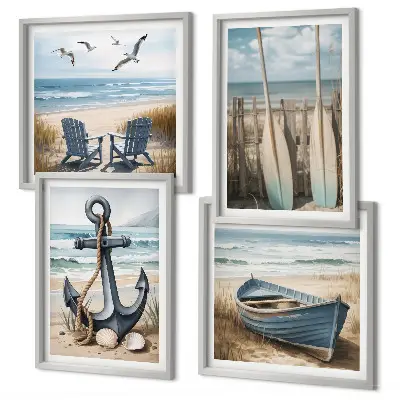 Set de cuadros modernos para salón con diseño de anclaje de barco, remos y temática de playa