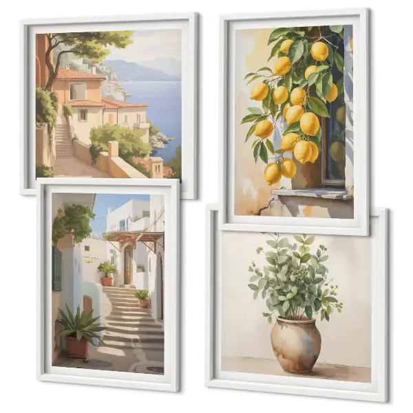 Set de 4 cuadros para salón con diseño de plantas en macetas, limones y calle