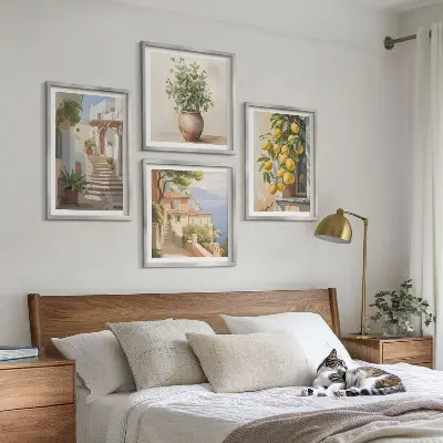 Set de 4 cuadros para salón con diseño de plantas en macetas, limones y calle
