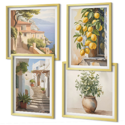 Set de 4 cuadros para salón Plantas en macetas, limones, calle