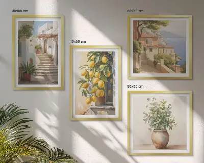Set de 4 cuadros para salón con diseño de plantas en macetas, limones y calle