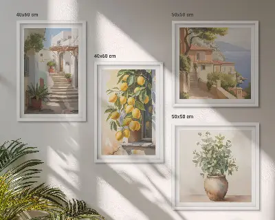 Set de 4 cuadros para salón con diseño de plantas en macetas, limones y calle