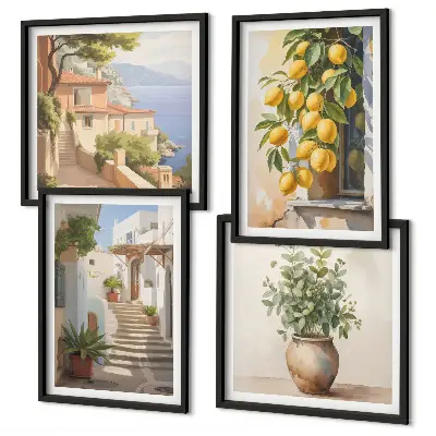 Set de 4 cuadros para salón con diseño de plantas en macetas, limones y calle