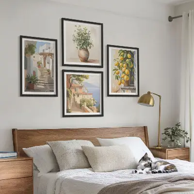 Set de 4 cuadros para salón con diseño de plantas en macetas, limones y calle