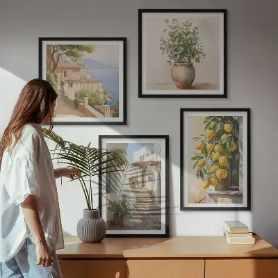 Set de 4 cuadros para salón con diseño de plantas en macetas, limones y calle