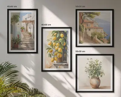 Set de 4 cuadros para salón con diseño de plantas en macetas, limones y calle