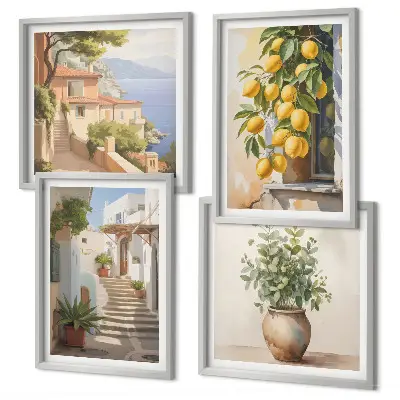 Set de 4 cuadros para salón con diseño de plantas en macetas, limones y calle