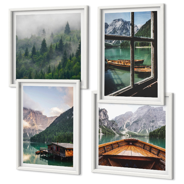 Set de cuadros modernos para salón Casas rurales en el lago de montaña de Łódź