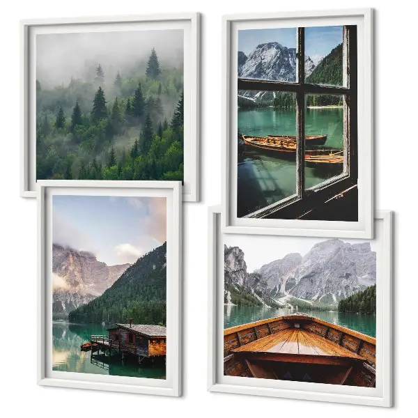 Set de cuadros modernos para salón con diseño de casas rurales en el lago de montaña