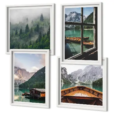 Set de cuadros modernos para salón con diseño de casas rurales en el lago de montaña