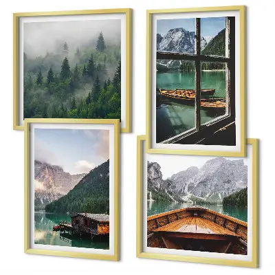 Set de cuadros modernos para salón con diseño de casas rurales en el lago de montaña