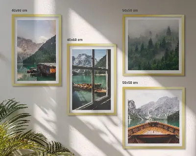 Set de cuadros modernos para salón con diseño de casas rurales en el lago de montaña