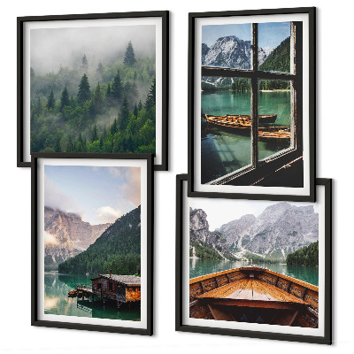 Set de cuadros modernos para salón Casas rurales en el lago de montaña de Łódź
