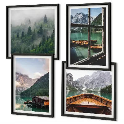 Set de cuadros modernos para salón con diseño de casas rurales en el lago de montaña