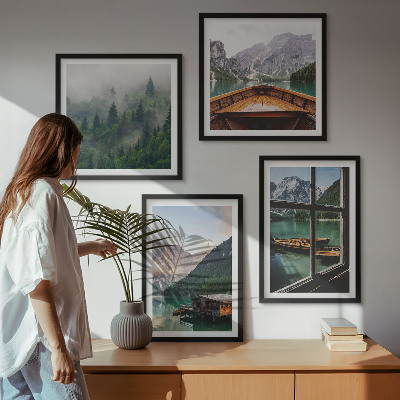 Set de cuadros modernos para salón Casas rurales en el lago de montaña de Łódź