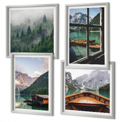 Set de cuadros modernos para salón Casas rurales en el lago de montaña de Łódź