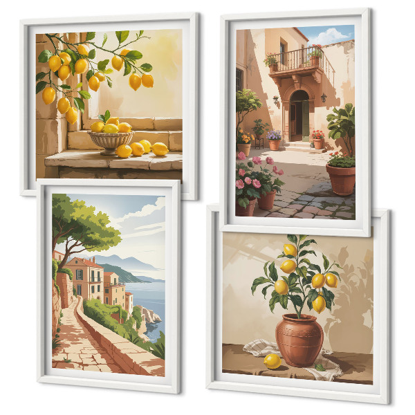 Set de 4 cuadros para salón Frutas cítricas en la cocina