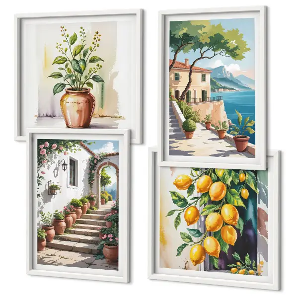 Set de cuadros modernos para salón diseño de flores de limón junto al mar