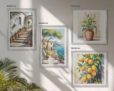 Set de cuadros modernos para salón diseño de flores de limón junto al mar